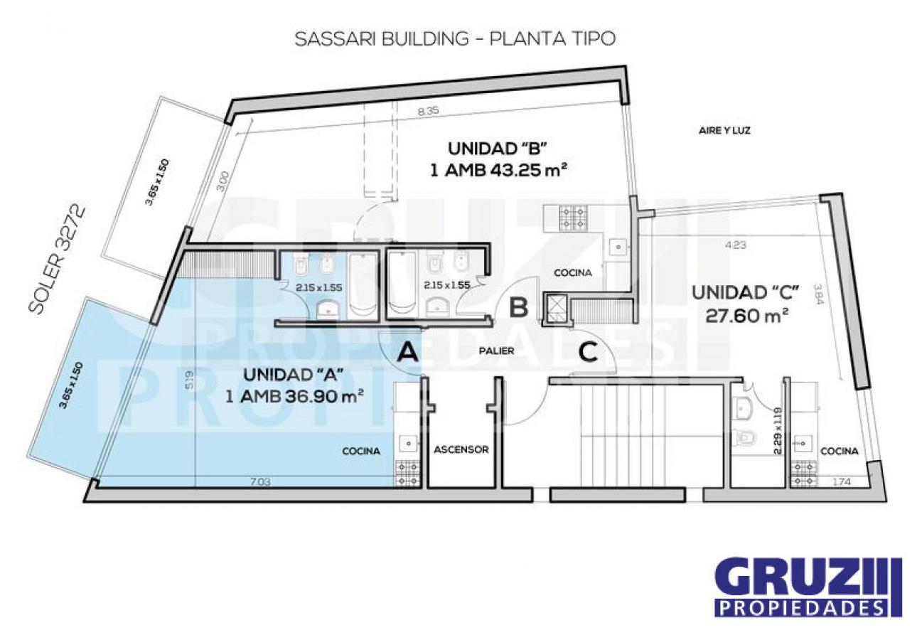 Unidad A - Monoambientes de 36,90m2 - Soler 3272 Palermo