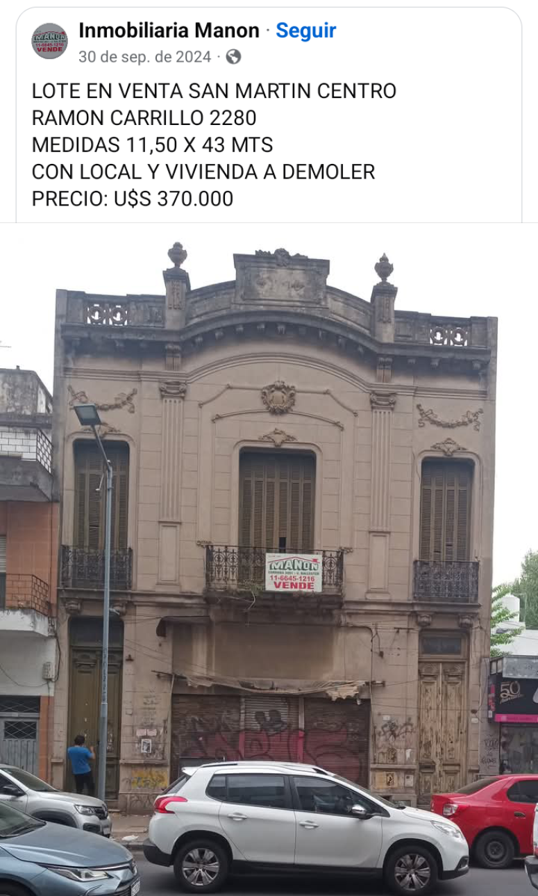 VENTA LOTE SAN MARTIN CENTRICO 10 X 44 MTS CON CASA A DEMOLE