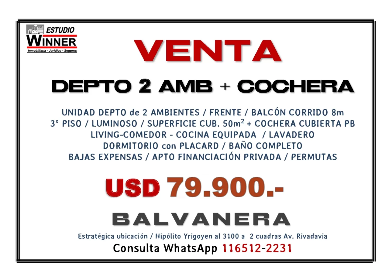 VENTA UNIDAD 2 AMBIENTES + COCHERA