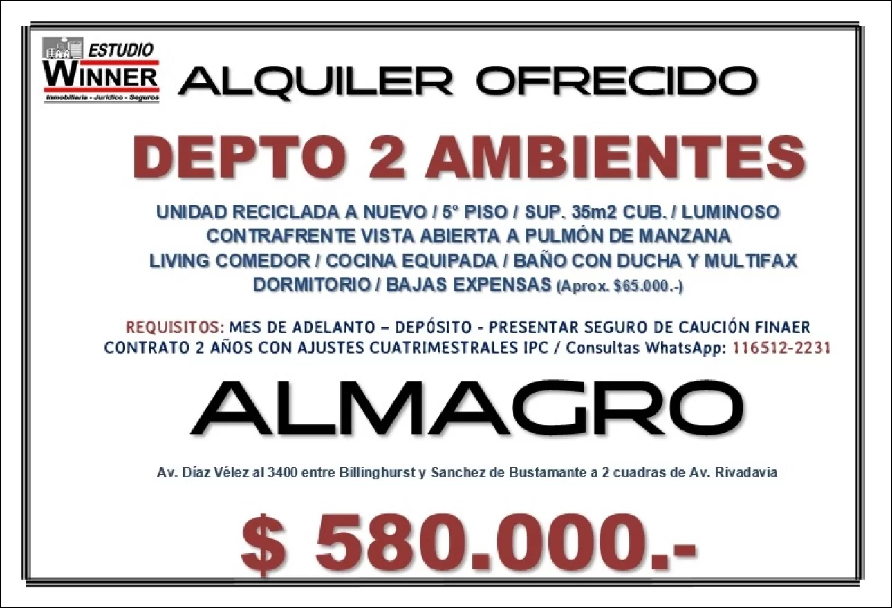 ALQUILER ALMAGRO DEPTO 2 AMBIENTES