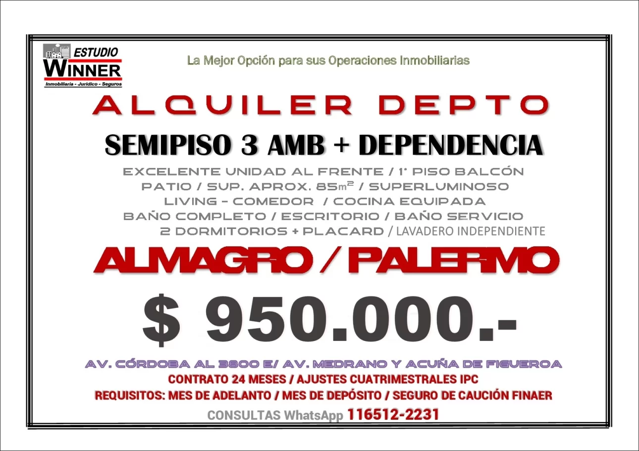 ALQUILER PALERMO 3 AMBIENTES + DEPENDENCIA